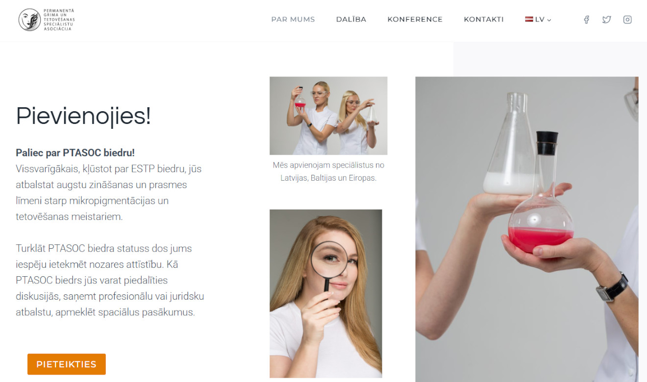 Screenshot of the official website of Permanentā grima (mikropigmentācijas) un tetovēšanas speciālistu asociācija (PTASOC)